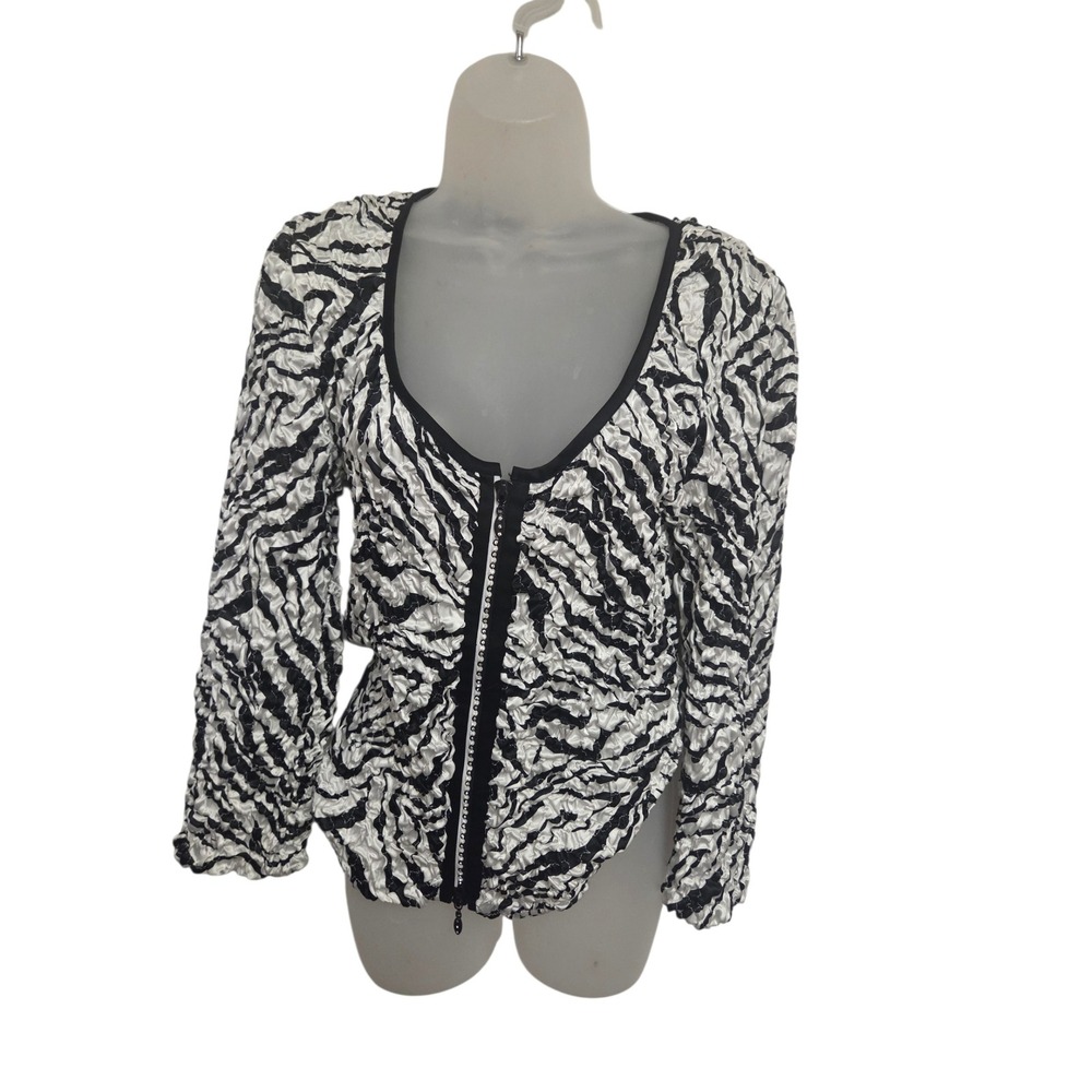 Joseph Ribkoff Zebra Print Textured Zip Front Jacket Blouse Rhinestone Y2K Sz 8
